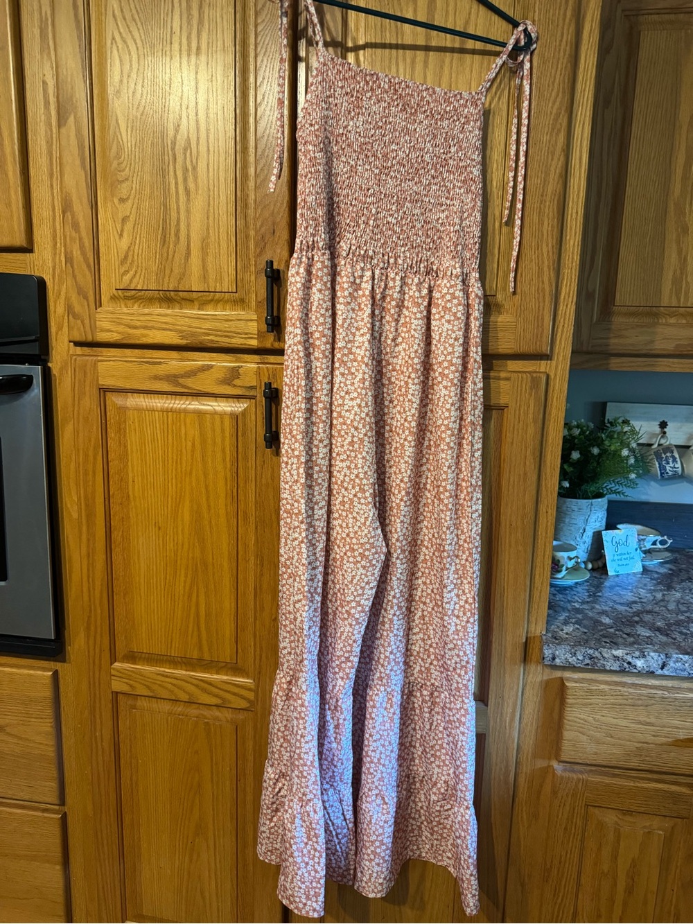 Smocked Tie-Shoulder Floral Jumpsuit in Dusty Rose